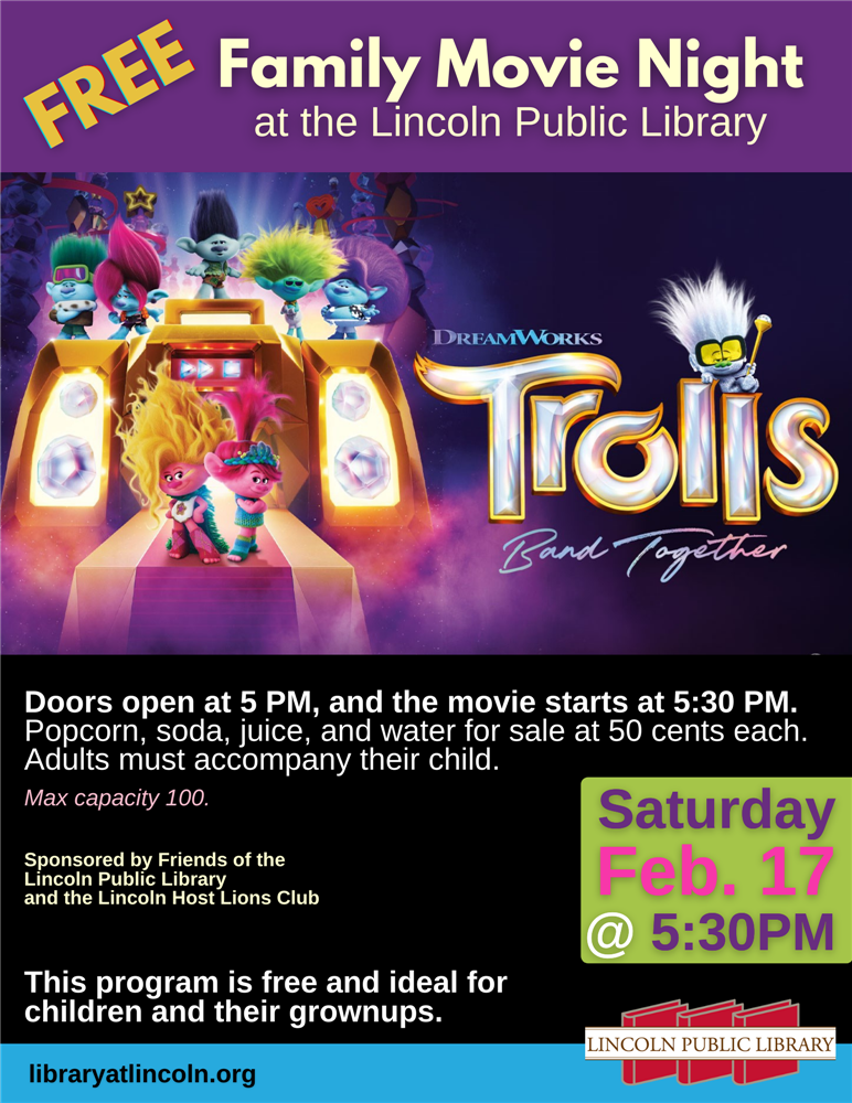 Still from Trolls Band Together with text of event details.